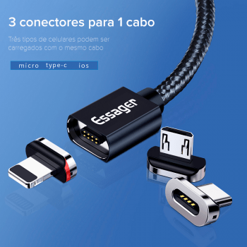 Cabo Magnético Essager 2 Metros Android iOS Carregamento Rápido