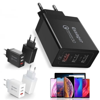 Carregador Turbo 3 USB Essager QuickCharge 3.0 Carga Rápida 