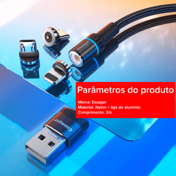 Cabo Magnético Essager 360° 1 Metro Android iPhone Micro USB Tipo C