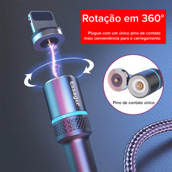 Cabo Magnético Essager 360° 1 Metro Android iPhone Micro USB Tipo C