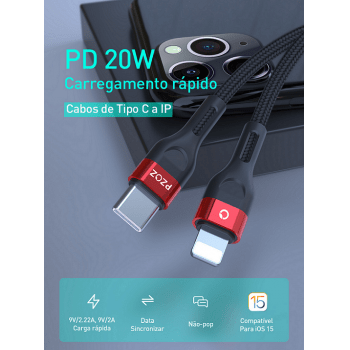 Cabo Turbo Reforçado PD 20w Tipo-C Para iPhone PZOZ 1m e 2m