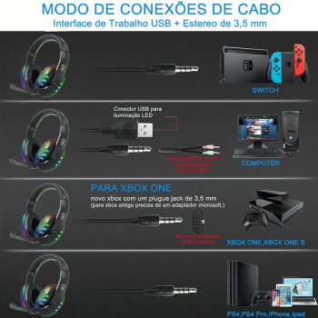 Headphone Gamer Led Com Microfone e Controle De Volume