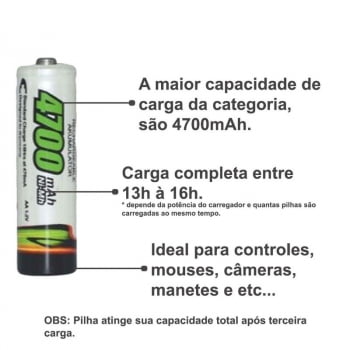 Pilha Recarregável  AA Potente Econômica 4700 mAh  4 Unidades