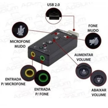 Adaptador Placa De Som USB 2.0 7.1 Canais Para P2 Áudio Fone Microfone PC Notebook